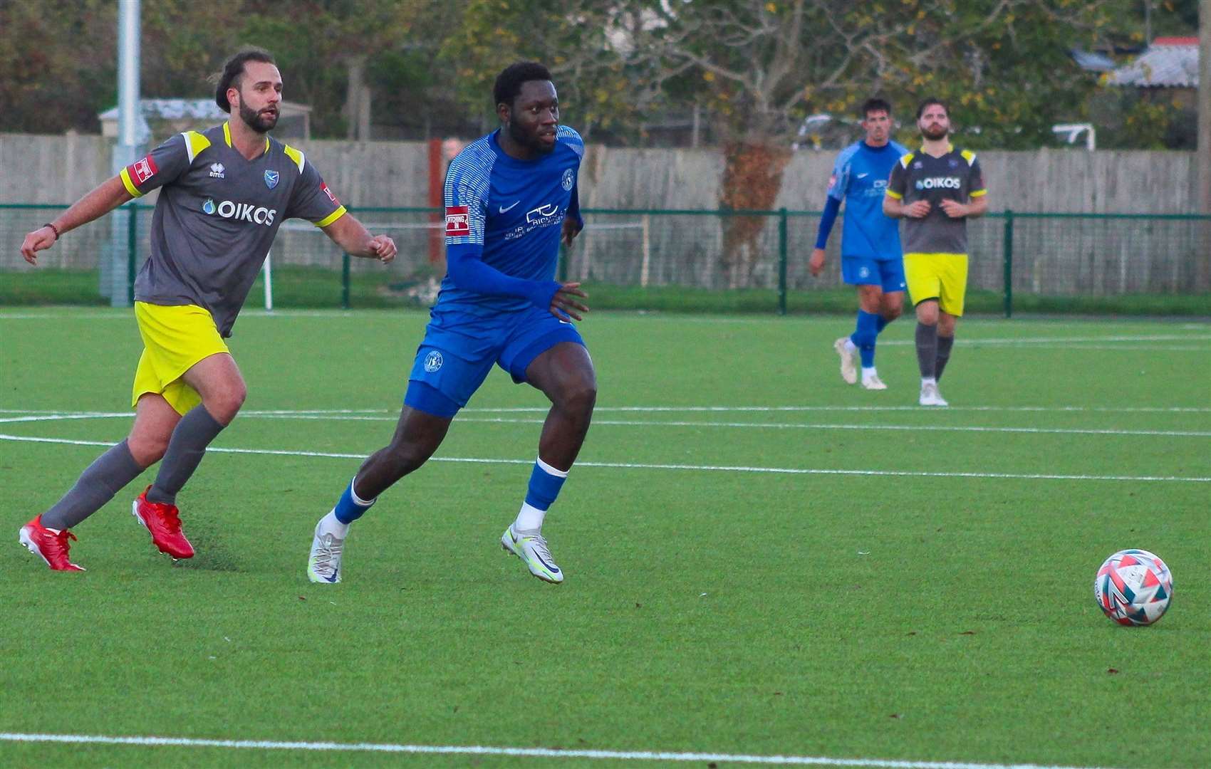 Herne Bay frontman Marcel Barrington chases after the ball. Picture: Keith Davy