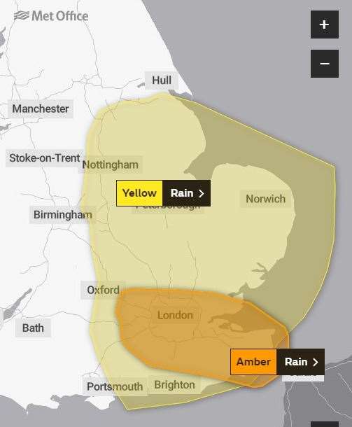 An amber weather warning has been issued for Kent and the South East. Picture: Met Office