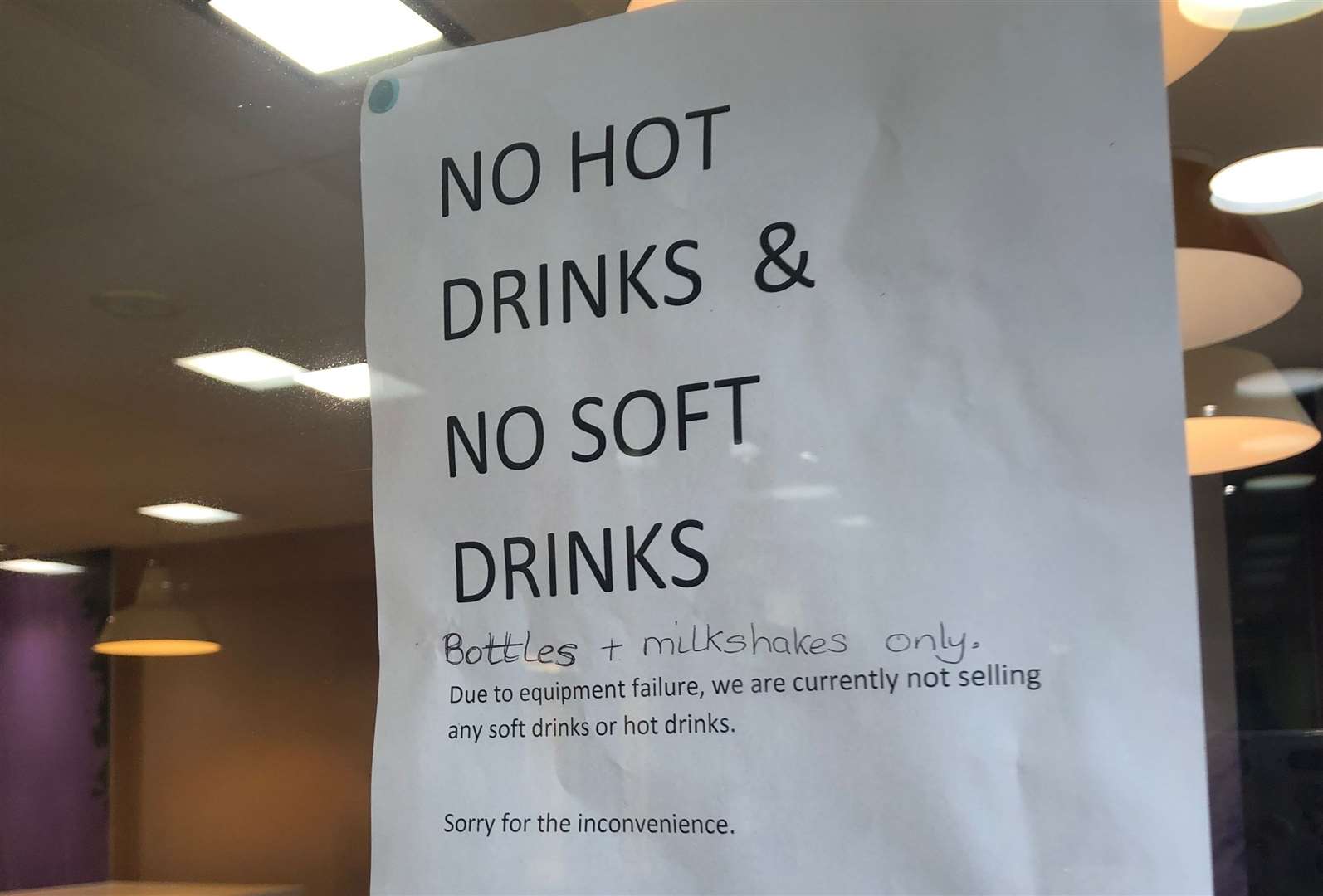 The sign informing customers about the drinks shortage at McDonalds in Ashford (11067834)