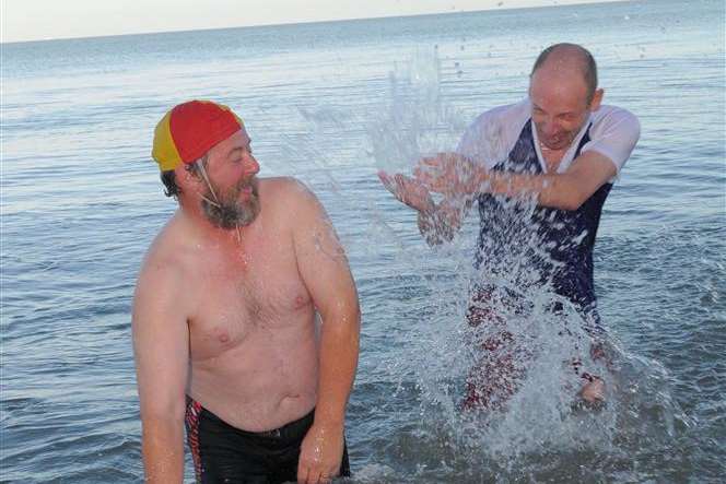 Phil Crowder and Doug Kempster at the Sheerness Swimming Club and Lifeguard Corps' Annual Arctic dip last year