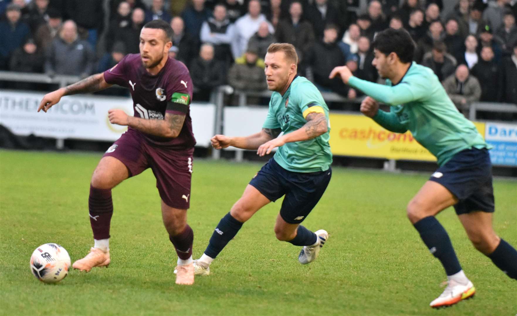 Dartford (purple) humbled local rivals Ebbsfleet for the second time in six days, winning 4-0 on January 1. Picture: Ed Miller/EUFC
