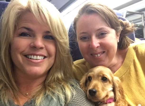 Eileen Mellis and Kerri Eilertsen-Feeney from Cinque Ports Rescue with Wanda on the train up to London before her first appearance on ITV's This Morning