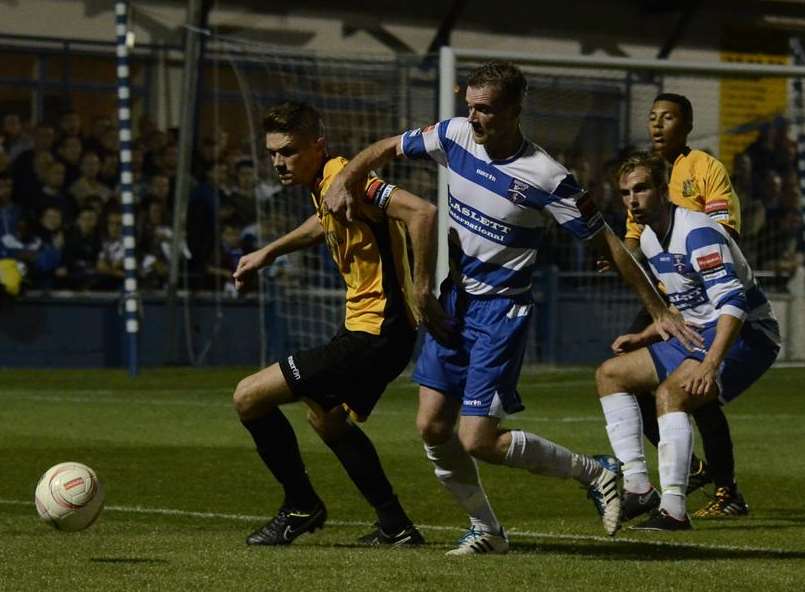 Margate, blue, ran out 1-0 winners over Maidstone. Picture: Chris Davey