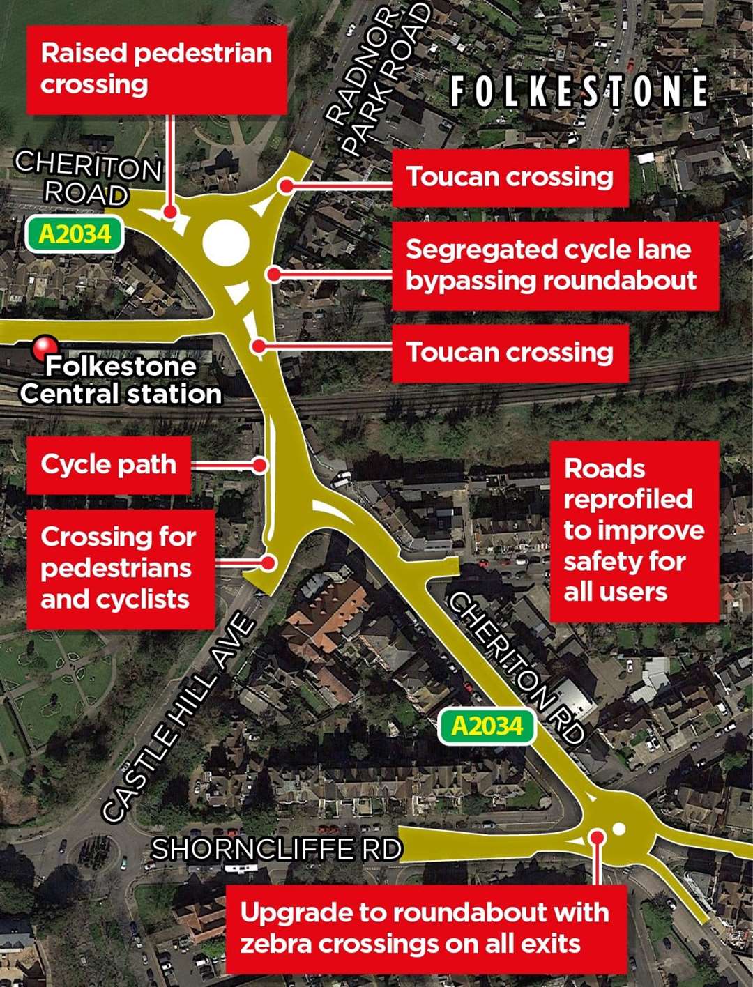 Some of the proposed changes to the road layout between the Radnor Park roundabout and the junction of Cheriton Road and Shorncliffe Road in Folkestone