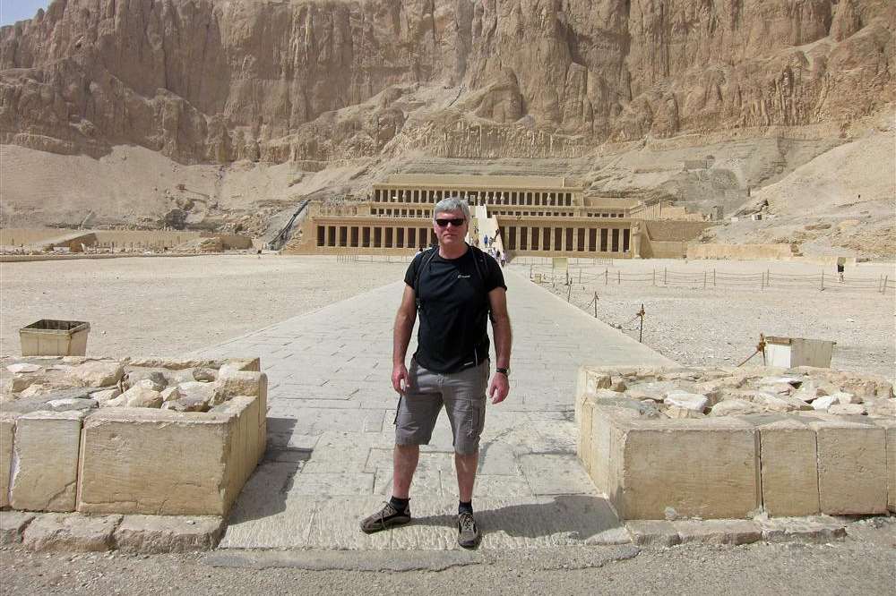 Gerry Warren outside the spectacular temple of Hatshepsut in the Valley of the Queens