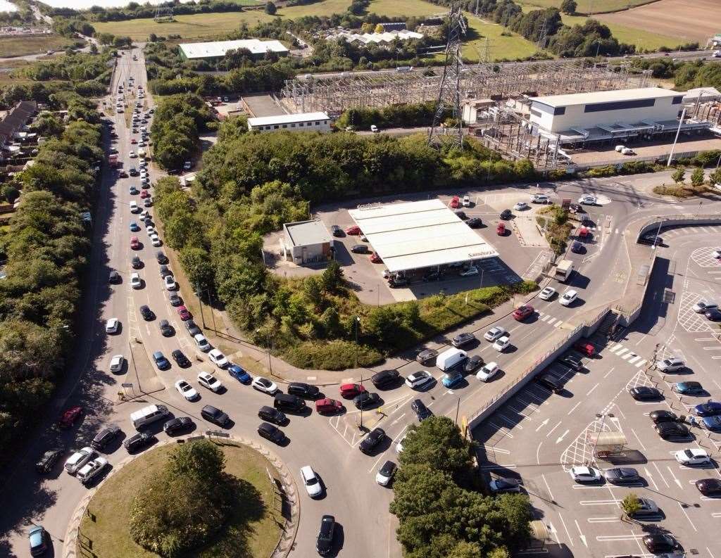 Traffic queueing at Pepper Hill Sainsbury's Picture: Skyshark Media