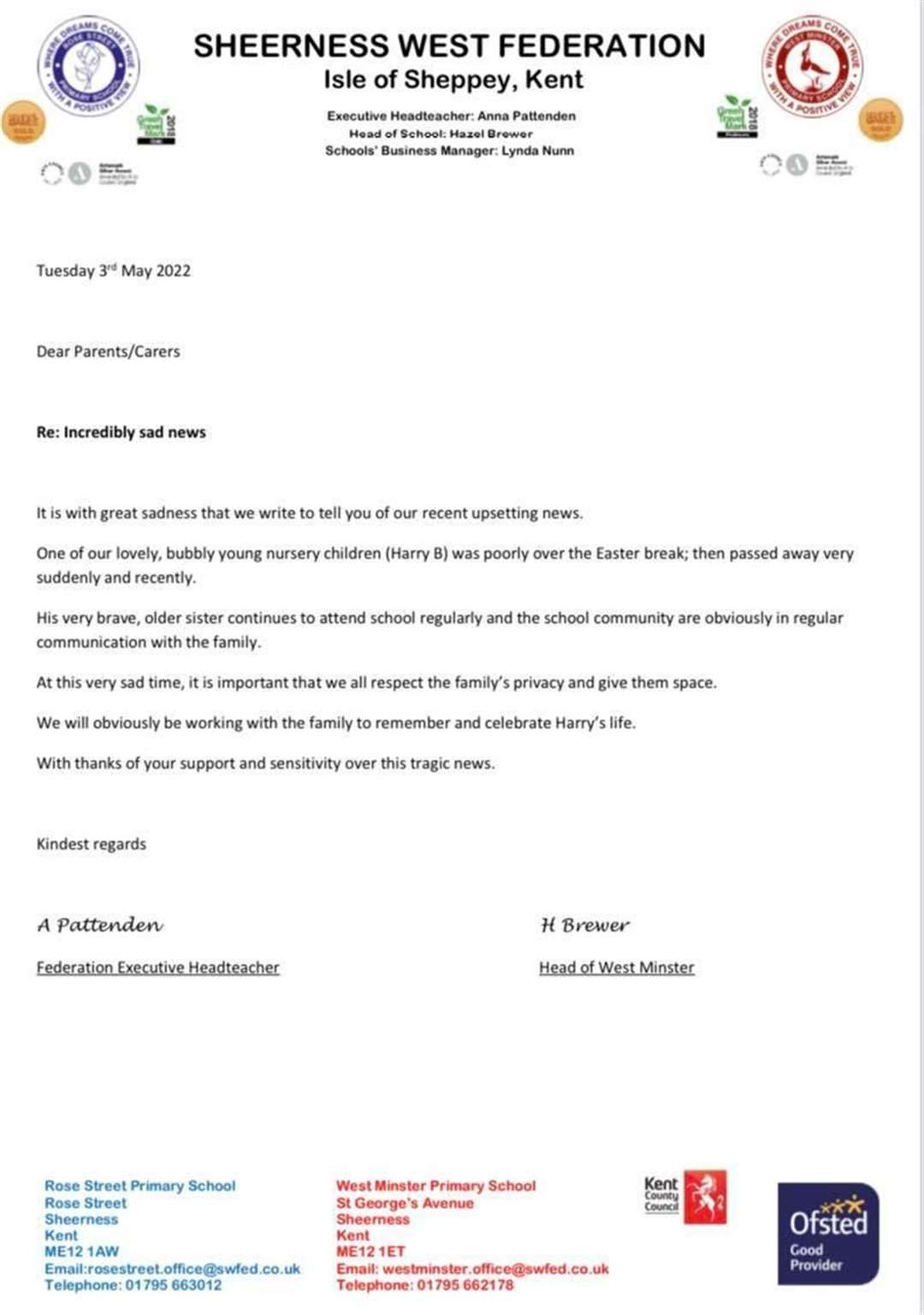 The letter published by West Minster Primary School following Harry Broughton's death