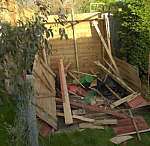 A garden shed destroyed by the freak weather