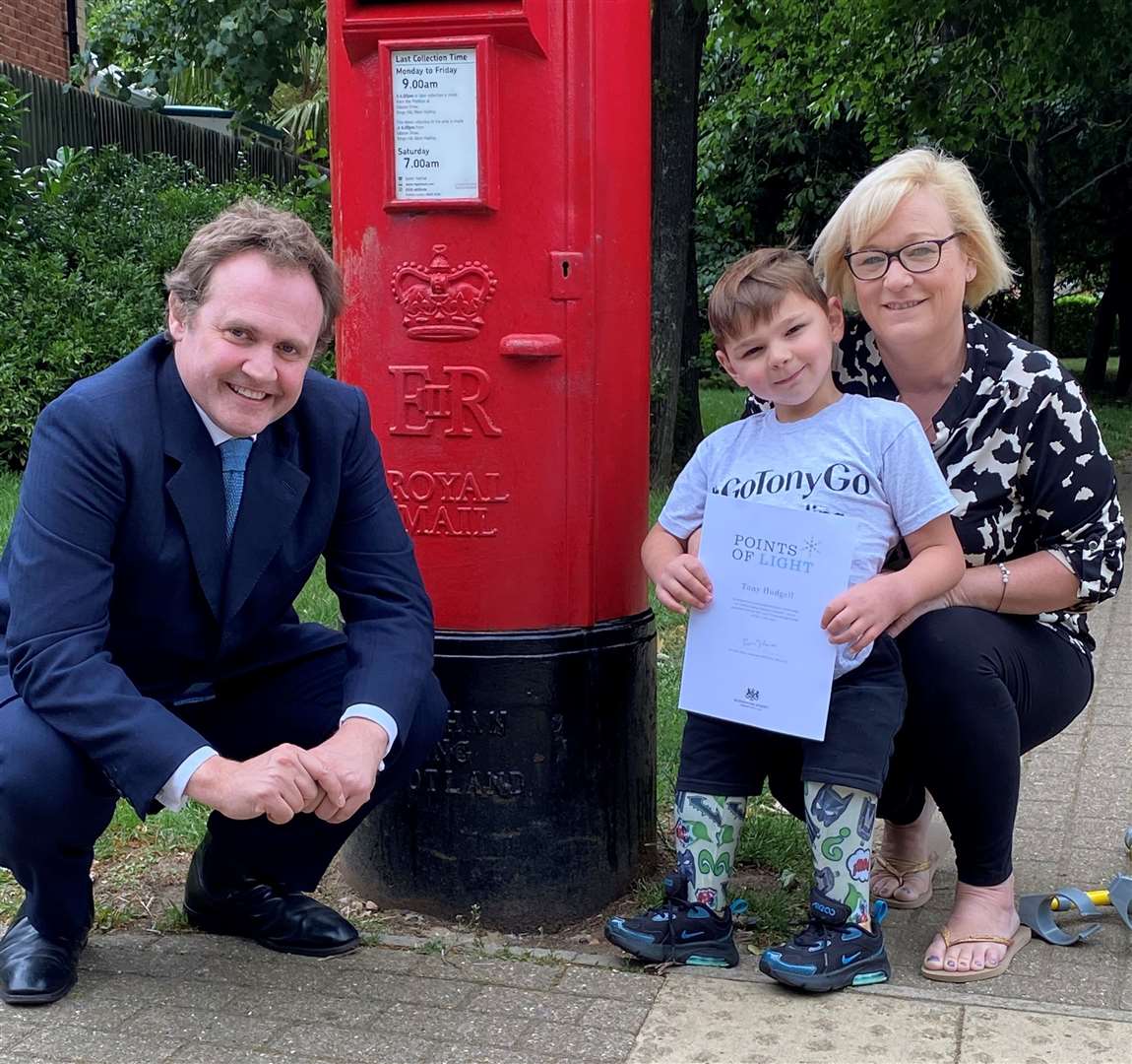 MP Tom Tugendhat has the support of Tony Hudgell and his mum Paula