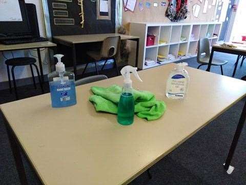 Each classroom is stocked with cleaning products