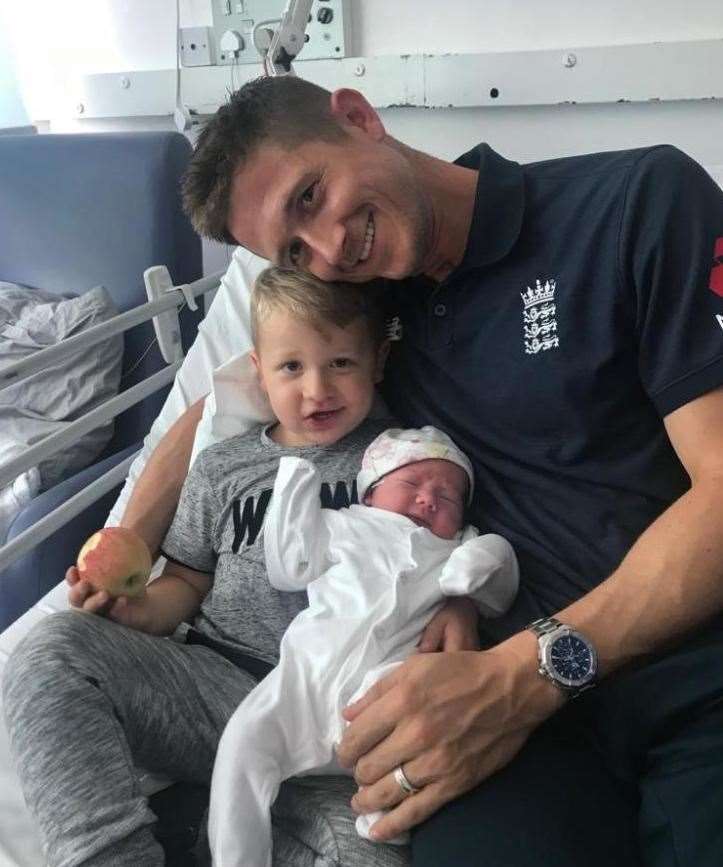 Joe Denly with his son Henry and newborn daughter. Picture: Joe Denly