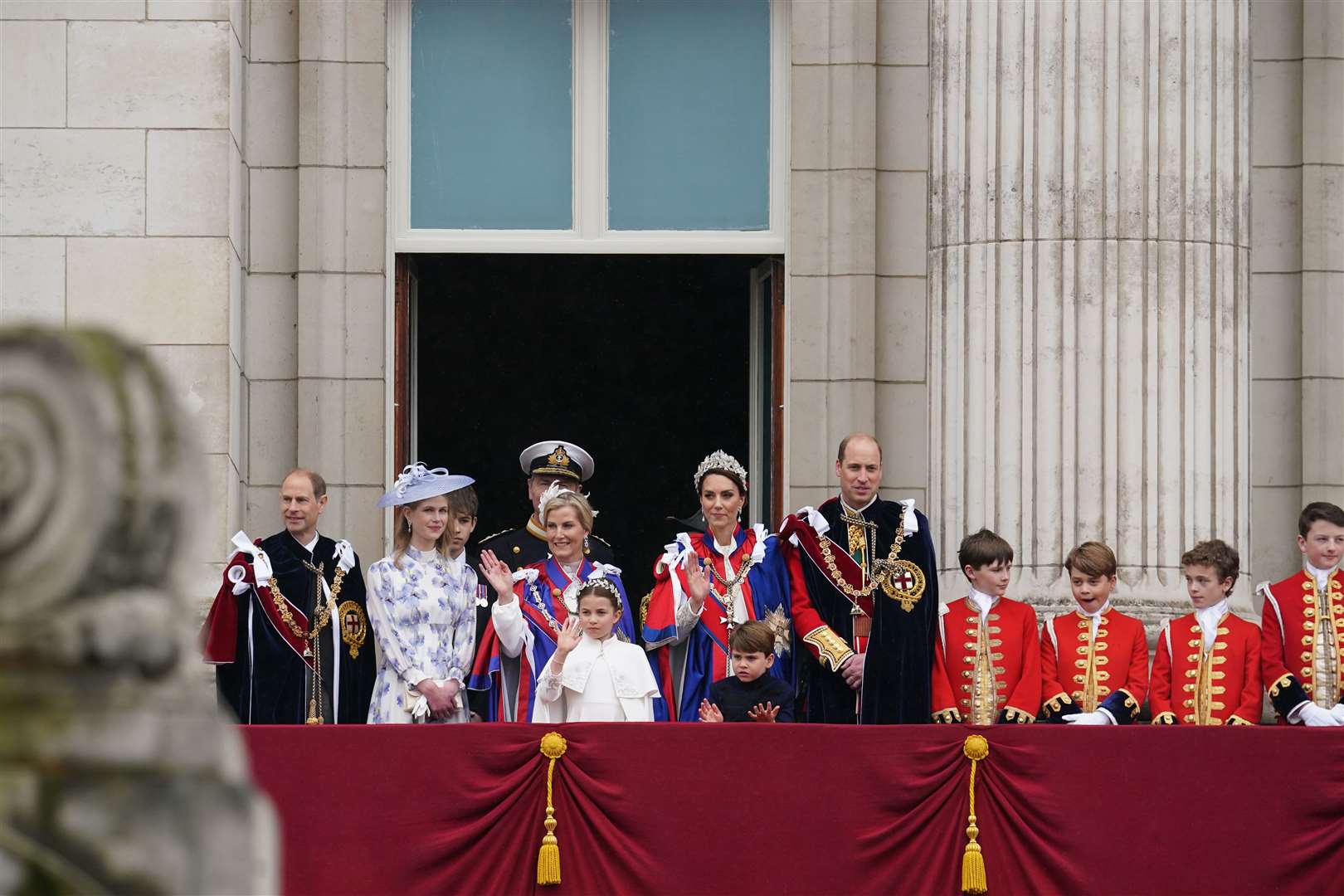 From left: the Duke of Edinburgh, Lady Louise Windsor, the Duchess of Edinburgh, Princess Charlotte, the Princess of Wales, Prince Louis, the Prince of Wales and Prince George on the balcony (Owen Humphreys/PA)
