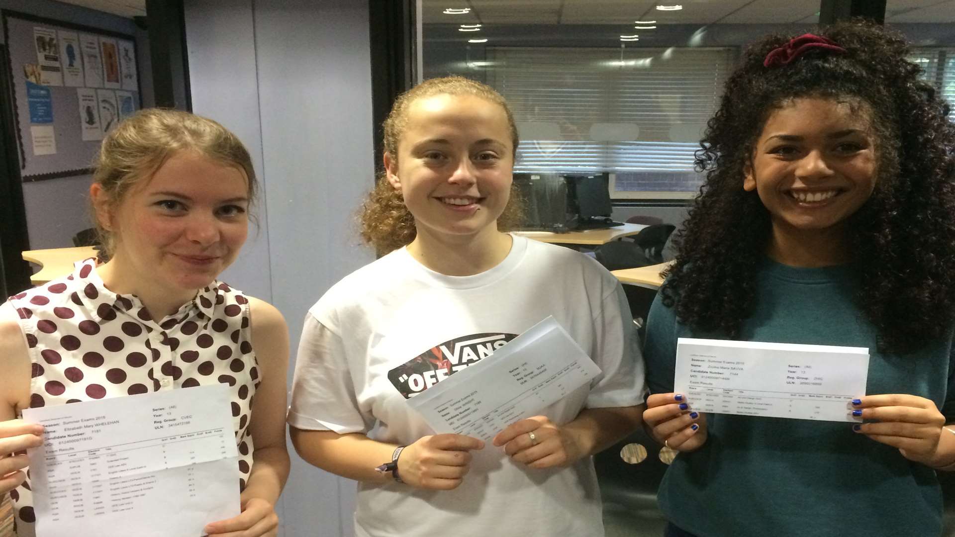 Elizabeth Whelehan, Olivia Wright and Zovina Savva with their A level results at Thomas Aveling School