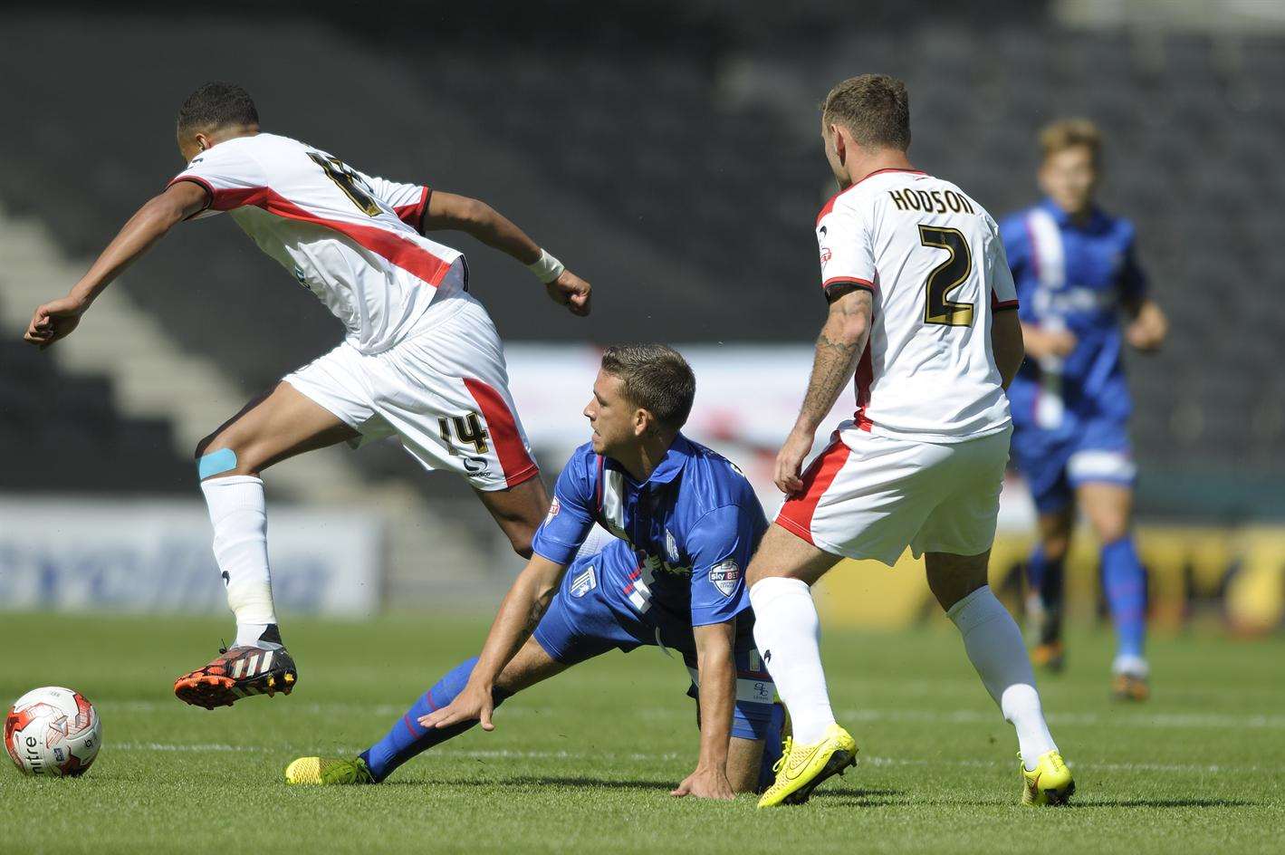 Cody McDonald on the stretch during Gillingham's 4-2 defeat to MK Dons Picture: Barry Goodwin