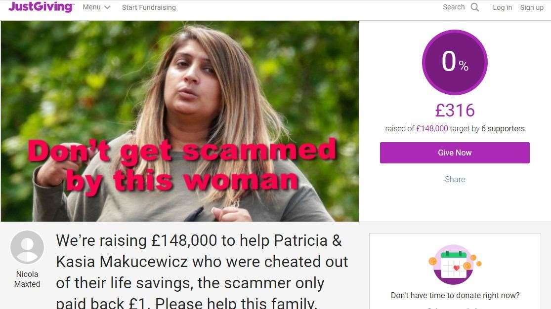 The fundraising page set up to help Patricia and Kasia on JustGiving