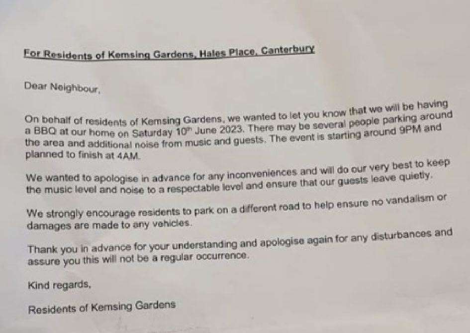 The letter sent to residents in Kemsing Gardens ahead of the house party
