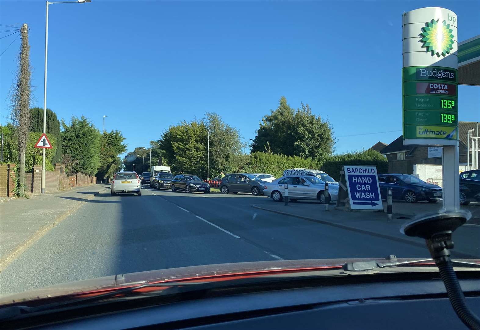 Traffic forming at the garage on the A2 in Bapchild, near Sittingbourne, causing long tailbacks into Teynham
