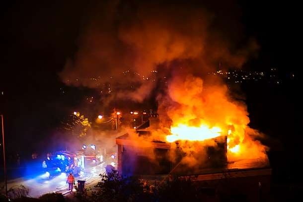 Flames engulf the university building. Picture: Mark Jacobs