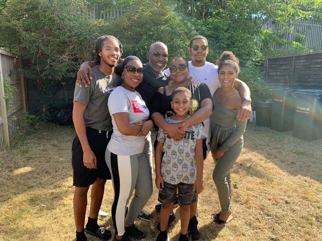 Kevin, middle, with his family: (From left) his son Dévon, his daughter Shannon, his partner Nataley with her son Elijah, his other son Lemar and Nataley's daughter Tyler. Picture: Kevin Dwyer