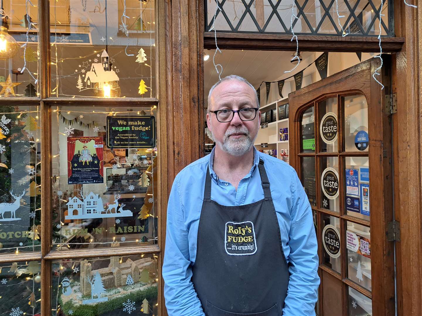 Steve Hamblen of Roly's Fudge Pantry Canterbury was shocked to find broken glass when he arrived to open his shop