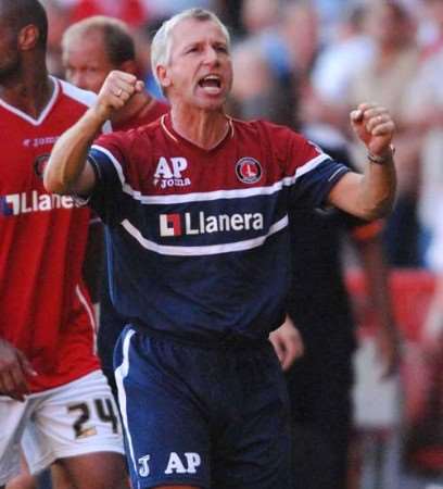 Alan Pardew shows what the first league victory means to him. Picture: BARRY GOODWIN