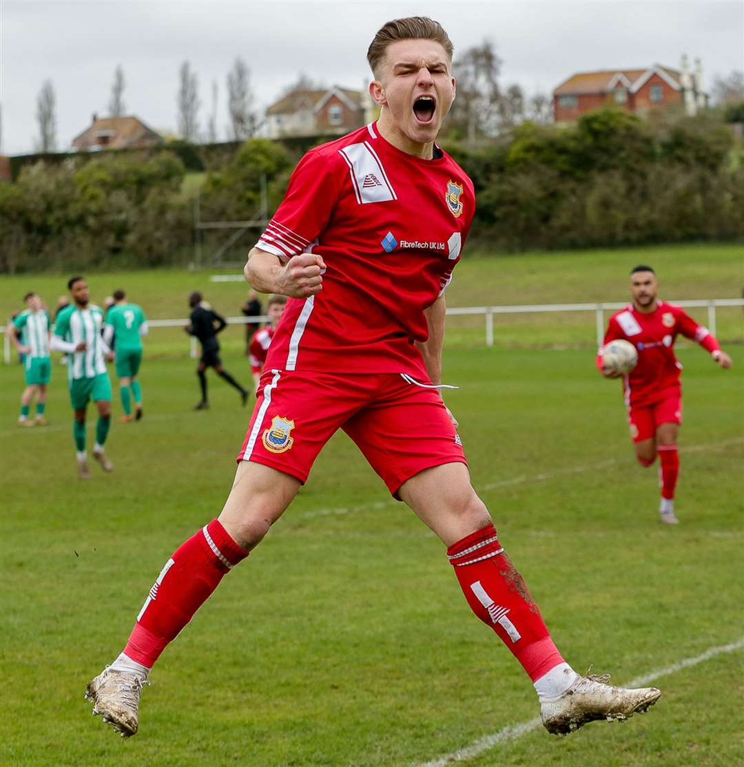Josh Oliver celebrates scoring what turned out to be the winner. Picture: Les Biggs