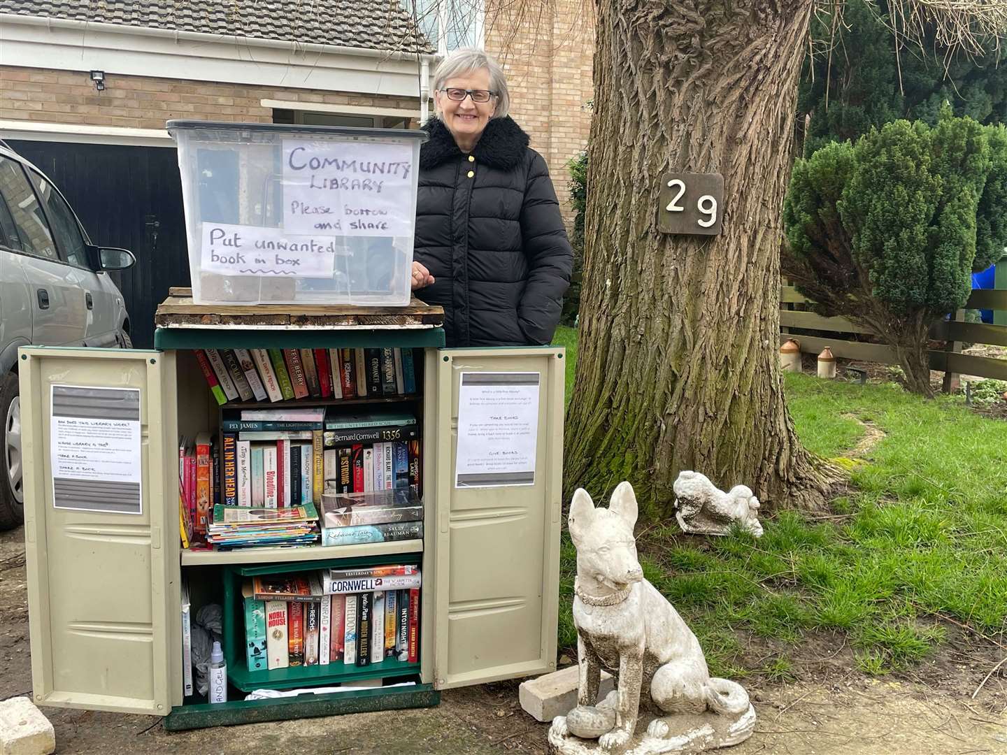 Christine Henderson, from Minster, has re-purposed an outside storage box into a mini library for the community to use