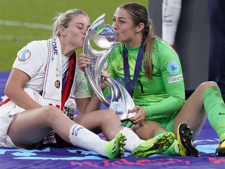 England's Alessia Russo and goalkeeper Mary Earps celebrate winning the UEFA Women's Euro 2022 final at Wembley. Picture: PA Images