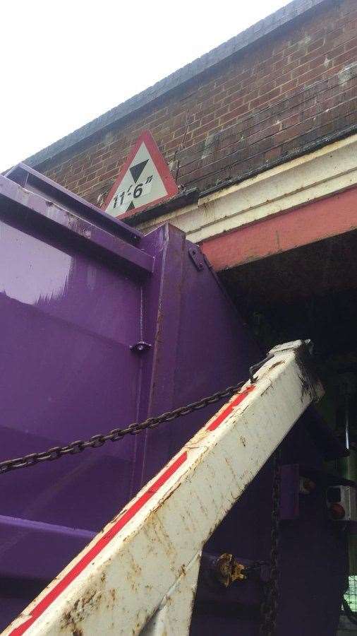 Stuck fast: the lorry wedged against the bridge. Picture: Network Rail Kent and Sussex