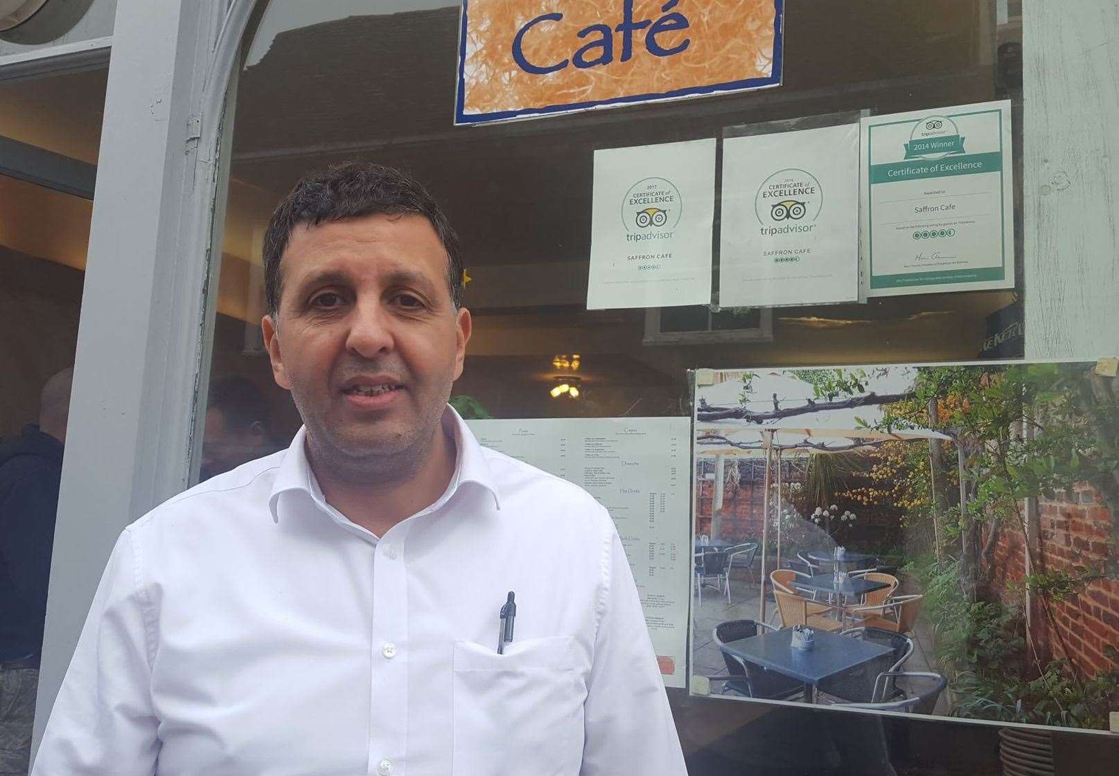 Owner Fouad Hassini outside Saffron Cafe, Canterbury