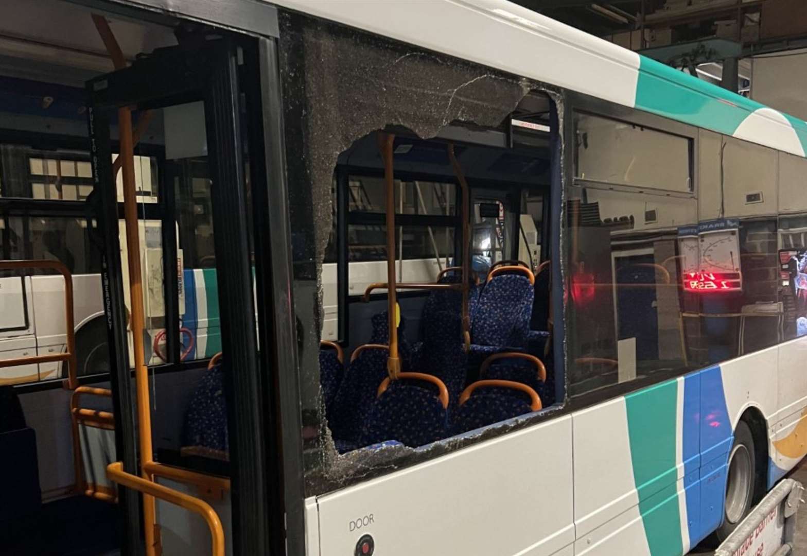 The damage done to one Stagecoach bus in the Trinity Road are of Ashford. Photo: Stagecoach