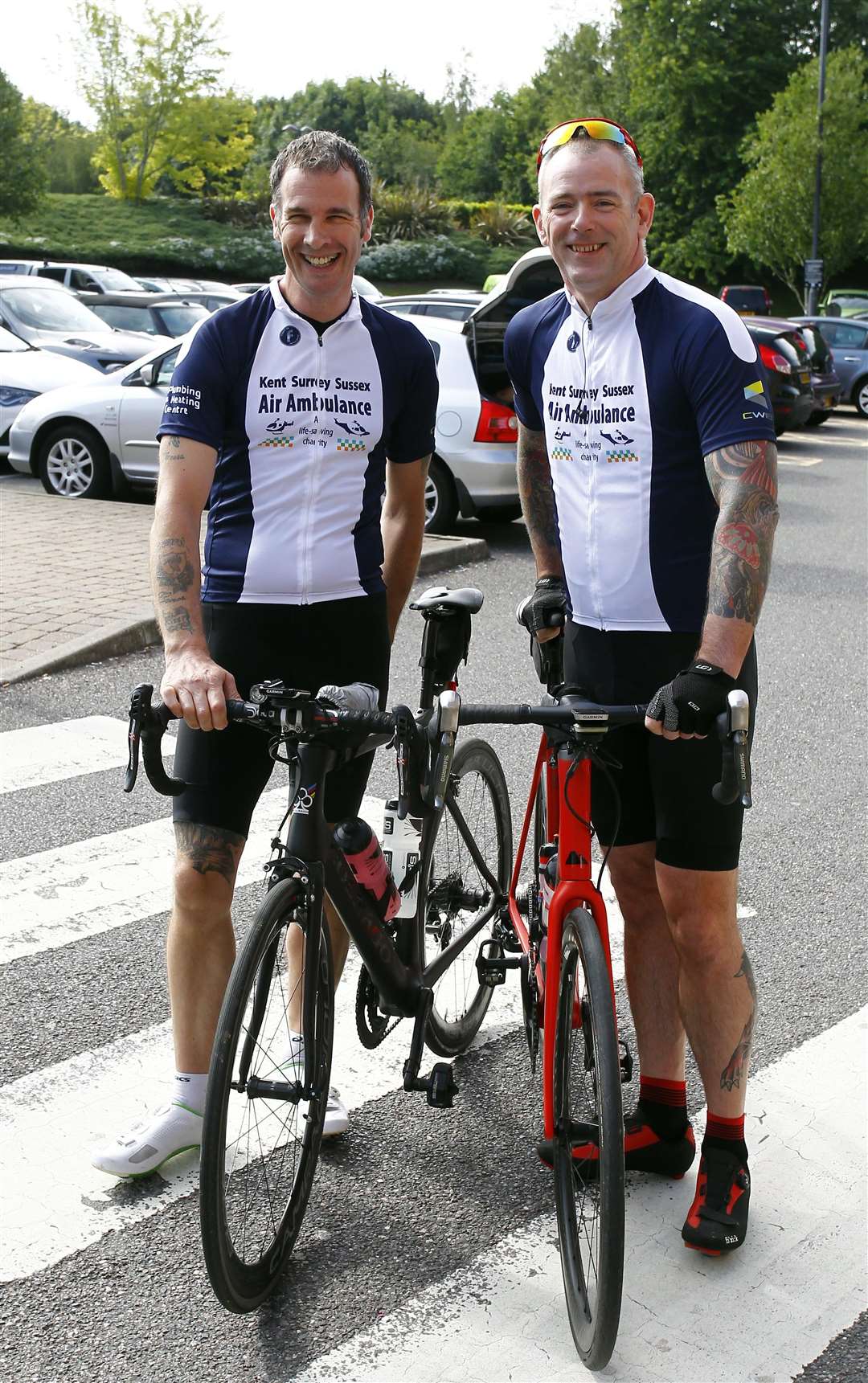 Village Hotel Maidstone, Charity bike ride from Maidstone to Barcelona for Kent, Surrey, Sussex Air Ambulance.pictured is Mat Russell (left) and Richard Ansell (right)Picture: Sean Aidan (2452872)