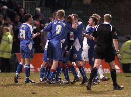 Gillingham celebrate Darren Byfield's penalty just before half-time. Picture: GRANT FALVEY