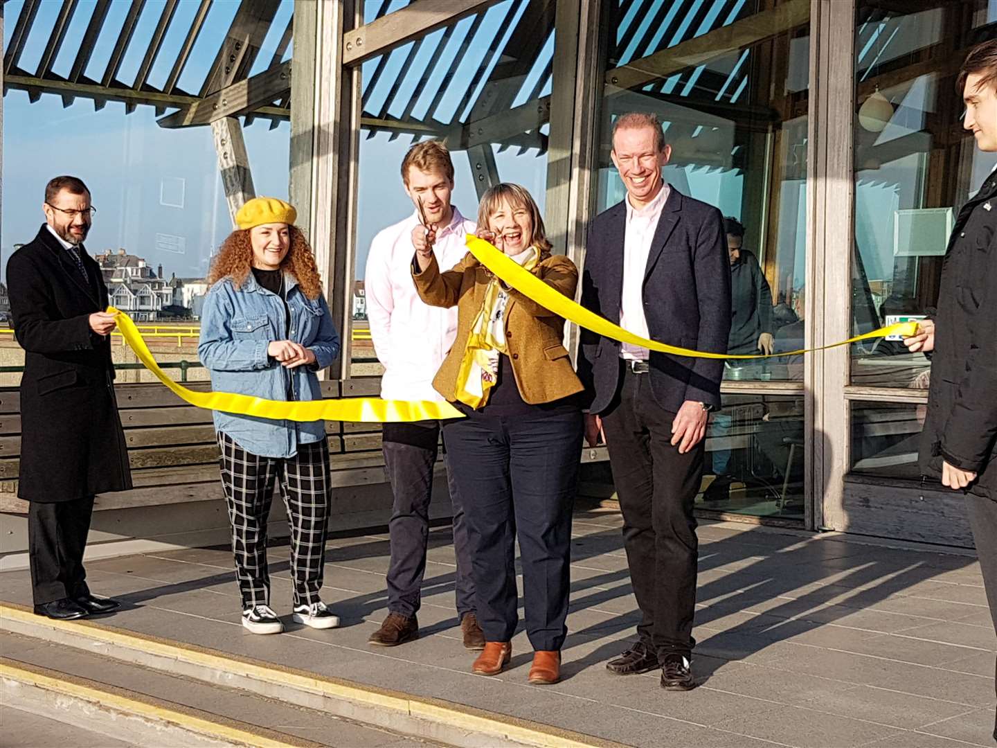 Council chairman Cllr Sue Chandler cutting the ribbon alongside Cllr Trevor Bartlet, right, Tim Biggs, centre left, and Rebecca Hodson