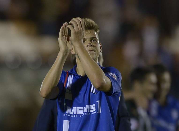 Jake Hessenthaler thanks to travelling support at Plymouth after hitting the winner Picture: Barry Goodwin
