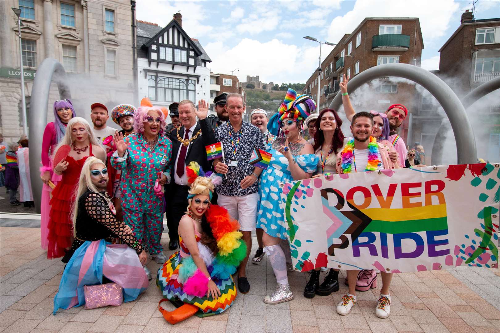 The Pride core team with the Mayor of Dover Cllr Gordon Cowan and Cllr Trevor Bartlett leader of the council. Photo: Dover Pride/David Goodson Photography