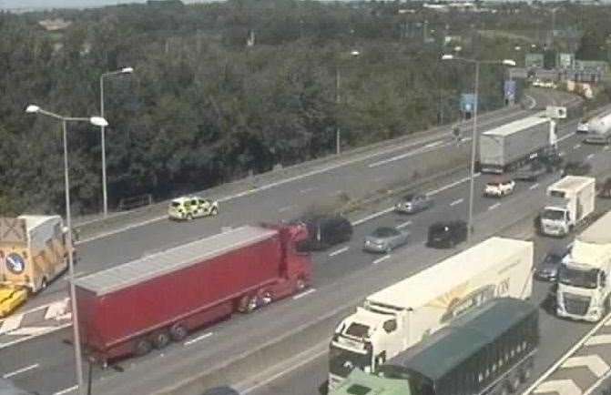 There are severe delays due to an overturned lorry and fuel spillage. Picture: National Highways