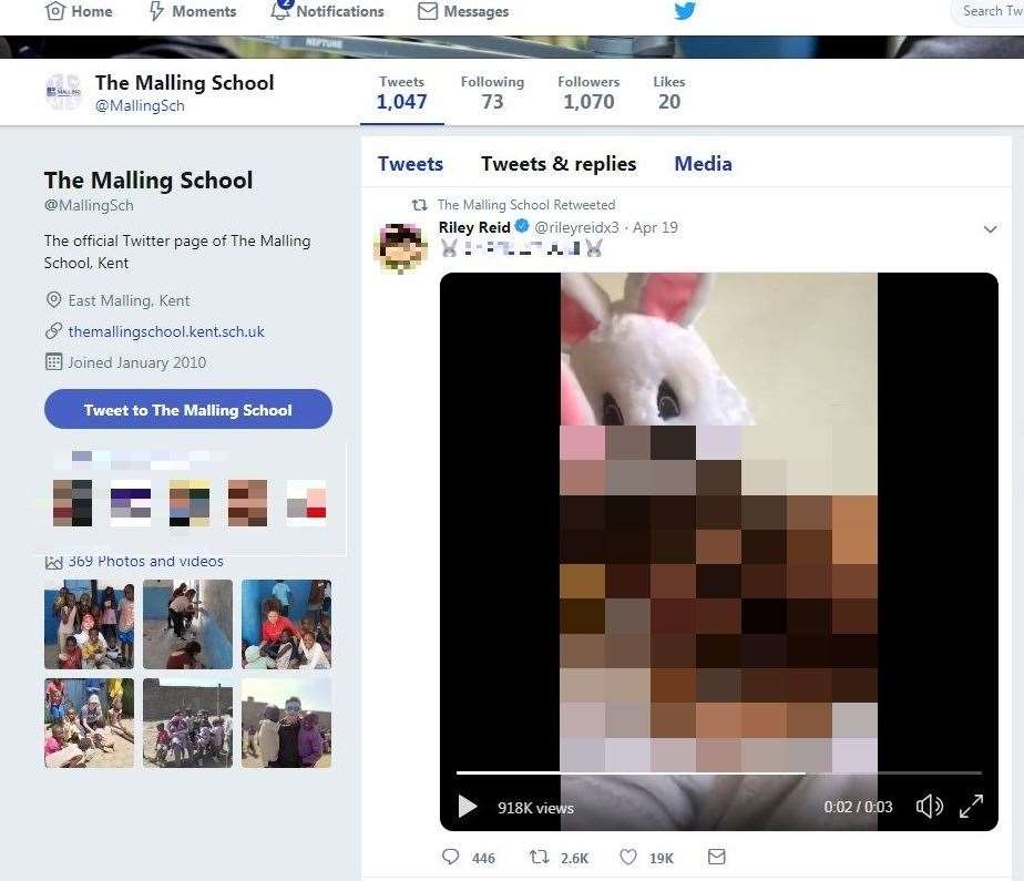 The Malling School's Twitter account shared a pornographic view to its 1,070 followers (9097735)
