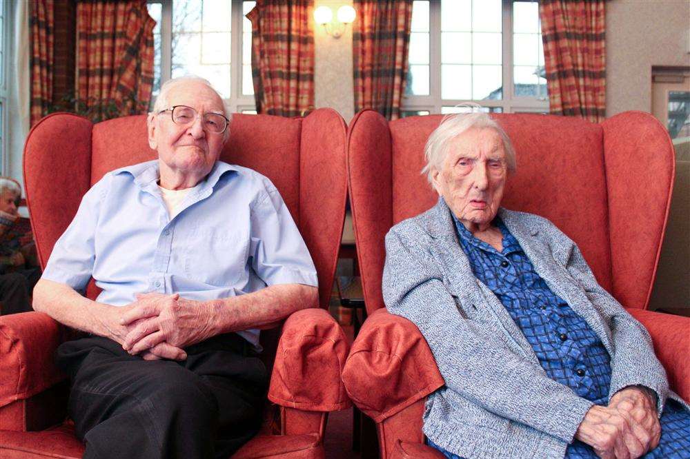 Cyril with fellow Blair Park resident, Flora Pickering, on his 100th birthday.
