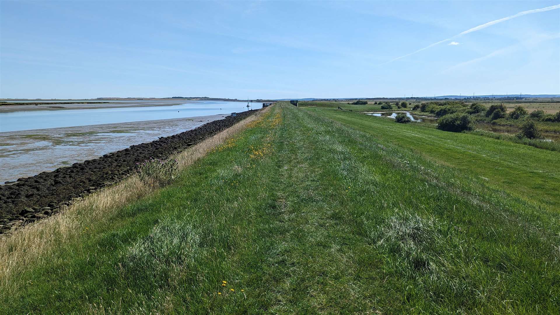 The elevated coastal path divides farmland on one side from the Swale channel on the other