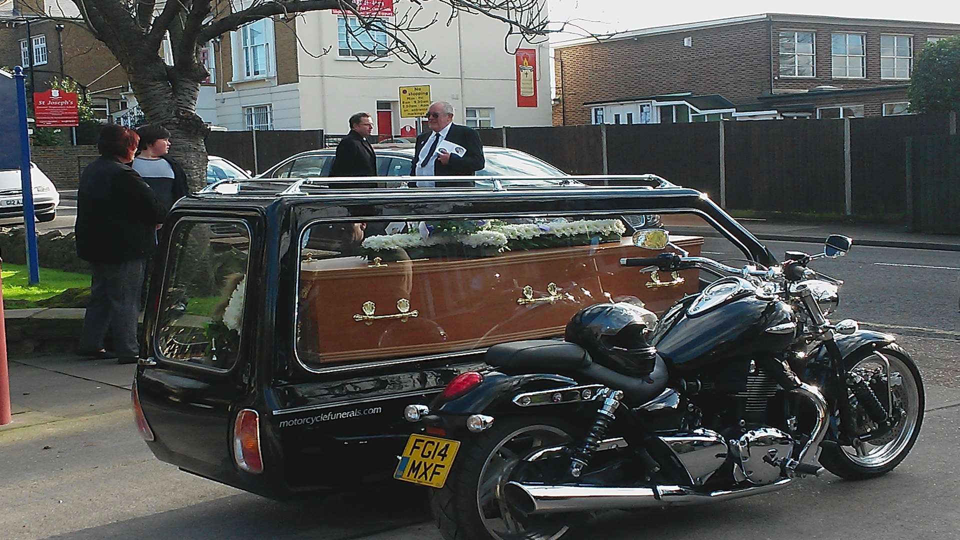 The Triumph motorcycle hearse which carried former Gravesend Brown Owl Iris Barnes to her funeral service