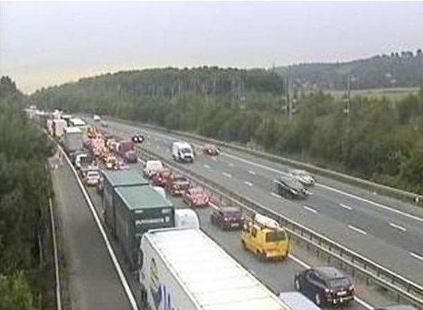 Traffic backed up on the M20 following the crash in which a lorry driver died