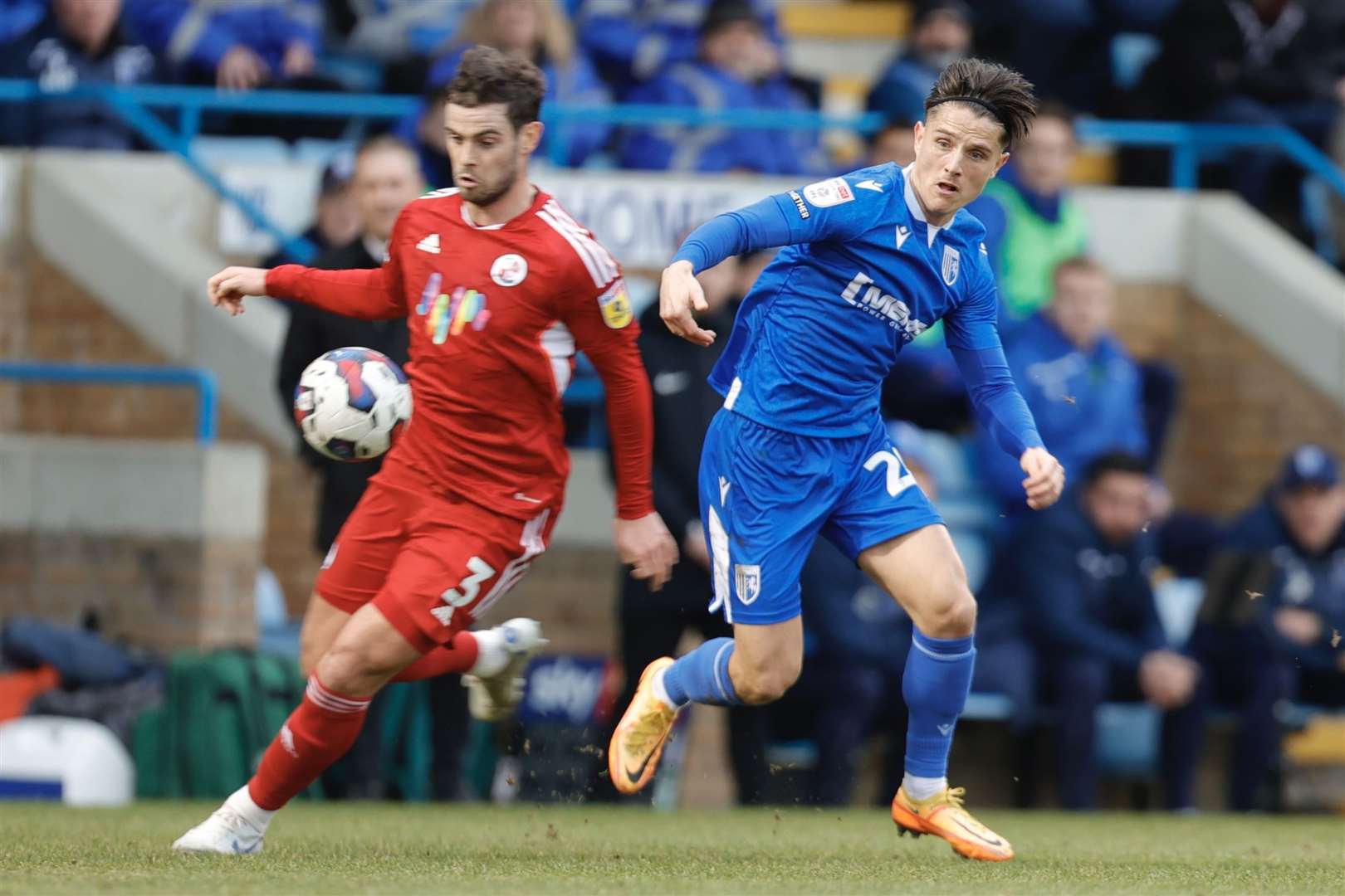 Tom Nichols in action for Gillingham against his old team Crawley Town at Priestfield last weekend