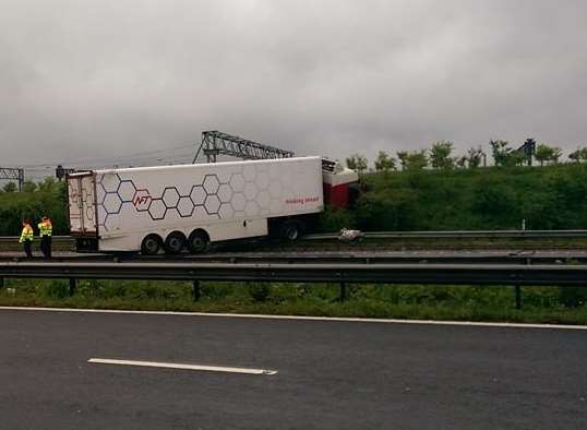 The lorry crashed into the barrier and lost its fuel tank. Picture from Peter Richmond on Facebook.