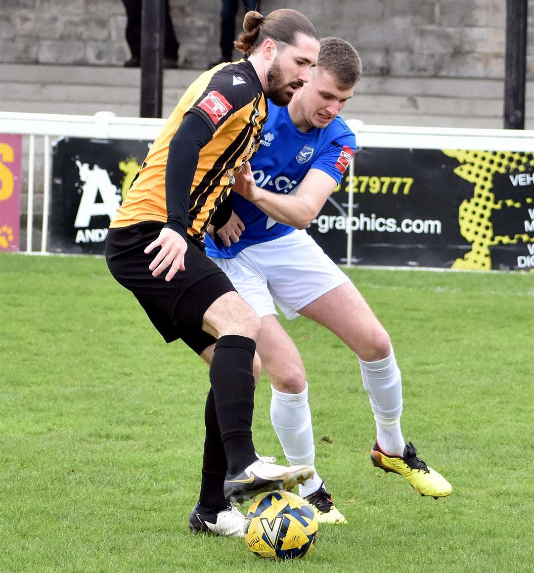 Folkestone scorer Tom Derry on the ball in their 1-0 weekend win against Canvey Island. Picture: Randolph File