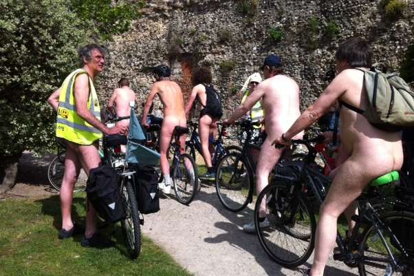 The naked cyclists set off.