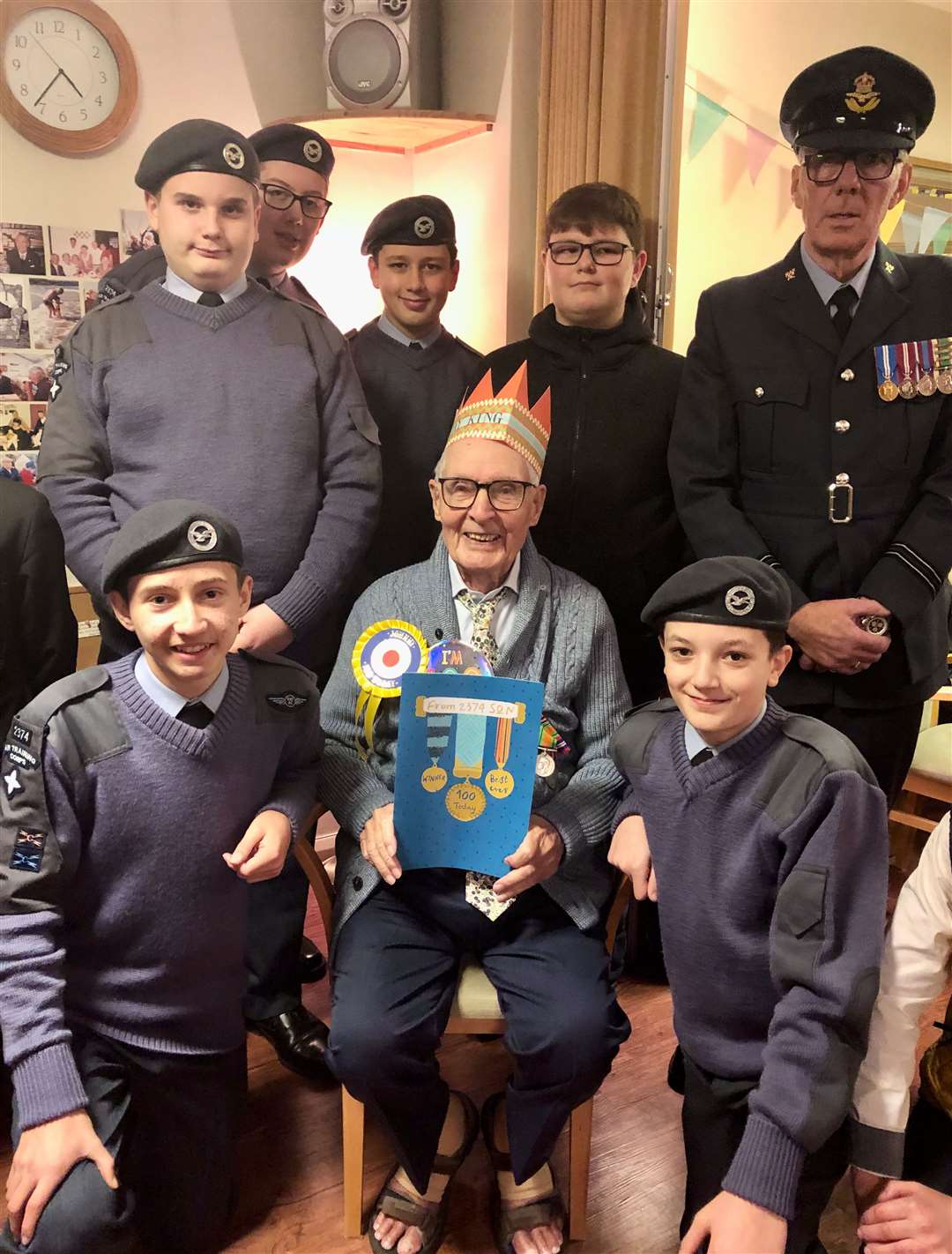 John Waye with members of the 2374 (Ditton) Squadron Air Training Corps on the occasion of his 100th birthday