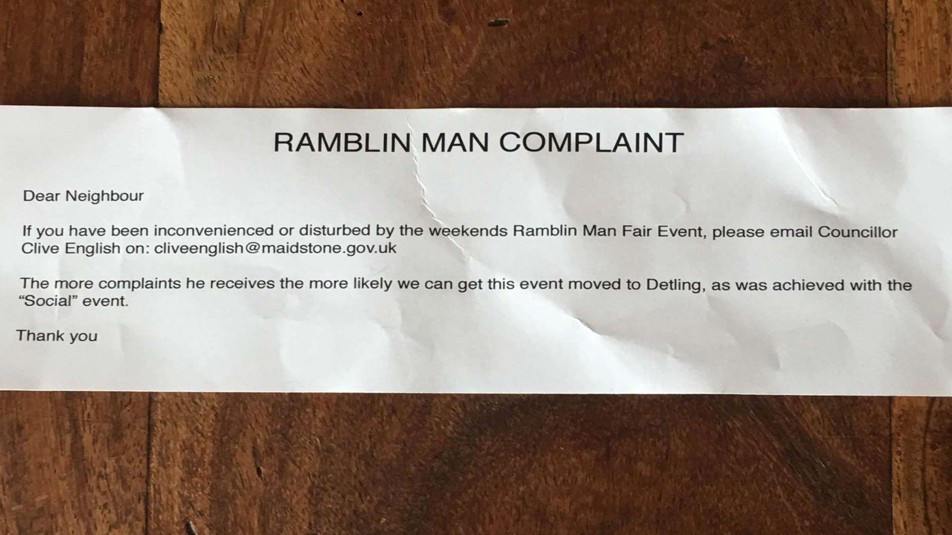 Residents living close to Mote Park received a note asking them to complain