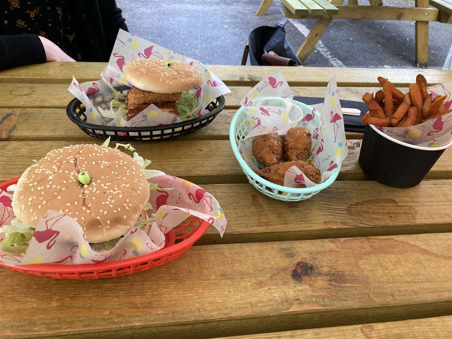 A Big Mock, KFT, jackfruit wingz and sweet potato fries from the Rainbow Skull Grill