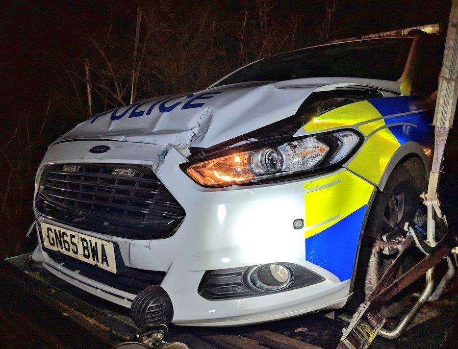 The police car was rammed by a stolen Toyota. Picture: @kentpolicerural